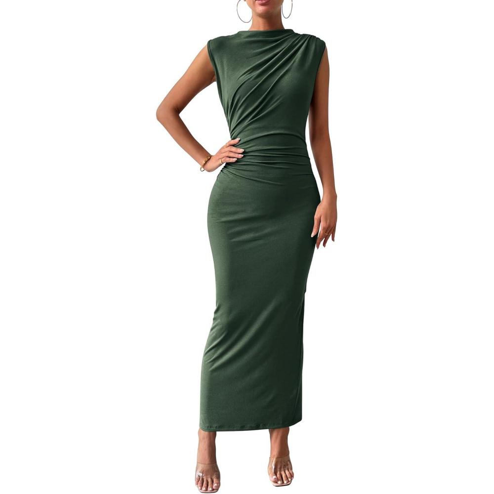 imageBTFBM Womens Ruched Bodycon Dress Summer Casual Sleeveless Lightweight Back Slit Elegant Club Party Cocktail Maxi DressesArmy Green