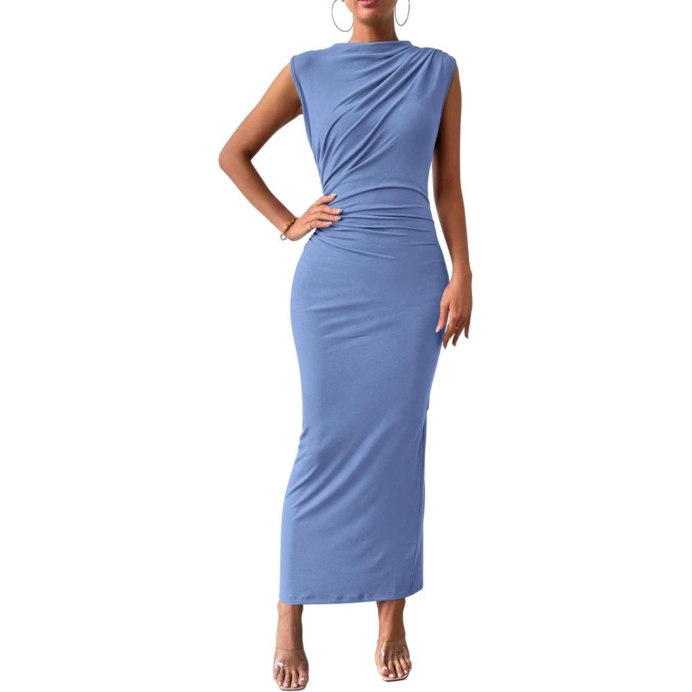 imageBTFBM Womens Ruched Bodycon Dress Summer Casual Sleeveless Lightweight Back Slit Elegant Club Party Cocktail Maxi DressesBlue