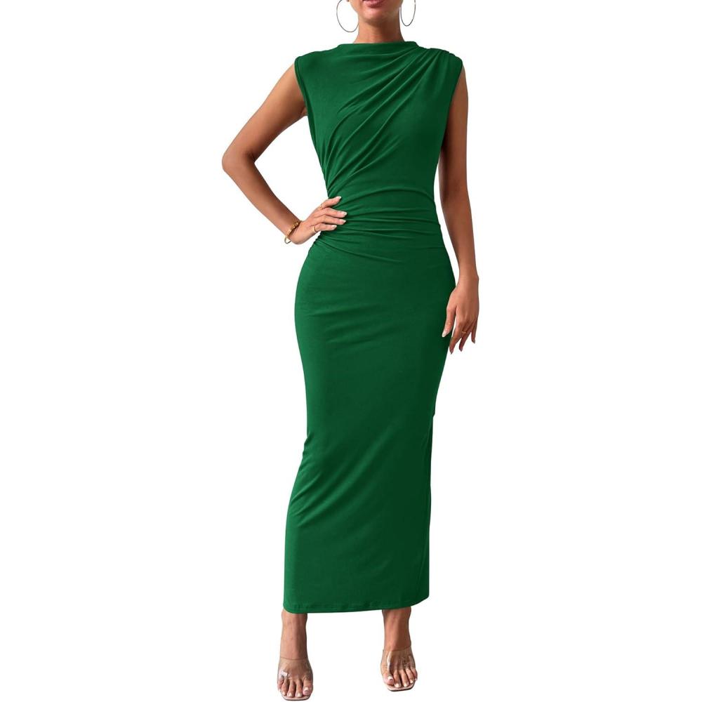 imageBTFBM Womens Ruched Bodycon Dress Summer Casual Sleeveless Lightweight Back Slit Elegant Club Party Cocktail Maxi DressesBright Green