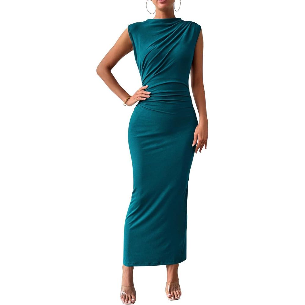 imageBTFBM Womens Ruched Bodycon Dress Summer Casual Sleeveless Lightweight Back Slit Elegant Club Party Cocktail Maxi DressesDark Blue