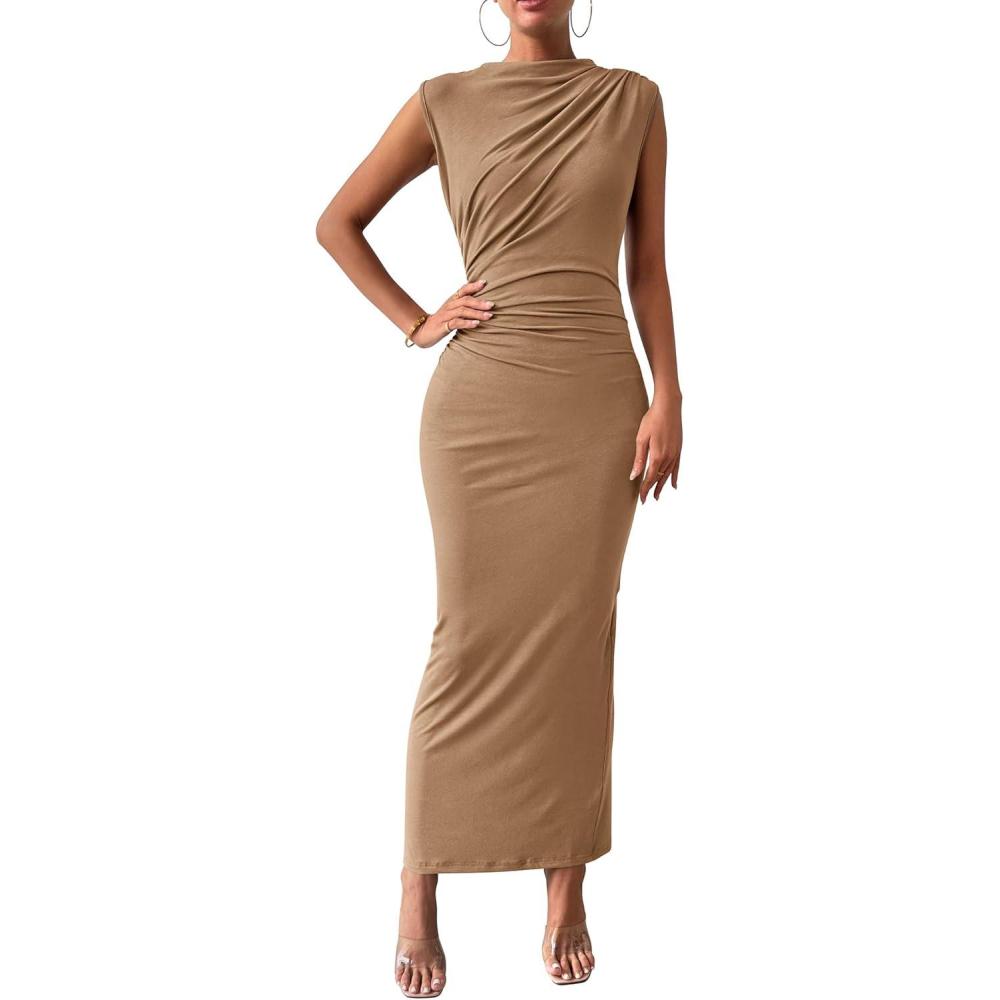 imageBTFBM Womens Ruched Bodycon Dress Summer Casual Sleeveless Lightweight Back Slit Elegant Club Party Cocktail Maxi DressesDark Khaki
