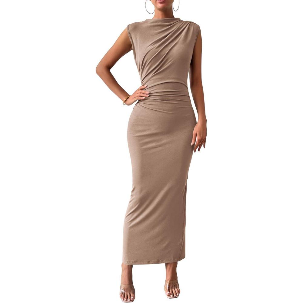 imageBTFBM Womens Ruched Bodycon Dress Summer Casual Sleeveless Lightweight Back Slit Elegant Club Party Cocktail Maxi DressesKhaki