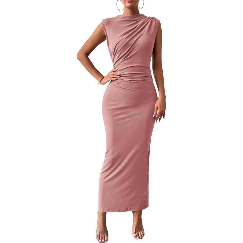 imageBTFBM Womens Ruched Bodycon Dress Summer Casual Sleeveless Lightweight Back Slit Elegant Club Party Cocktail Maxi DressesPink