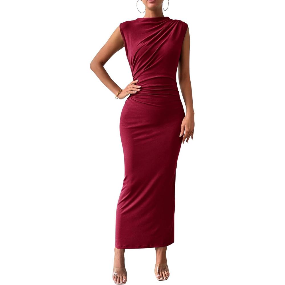 imageBTFBM Womens Ruched Bodycon Dress Summer Casual Sleeveless Lightweight Back Slit Elegant Club Party Cocktail Maxi DressesWine Red