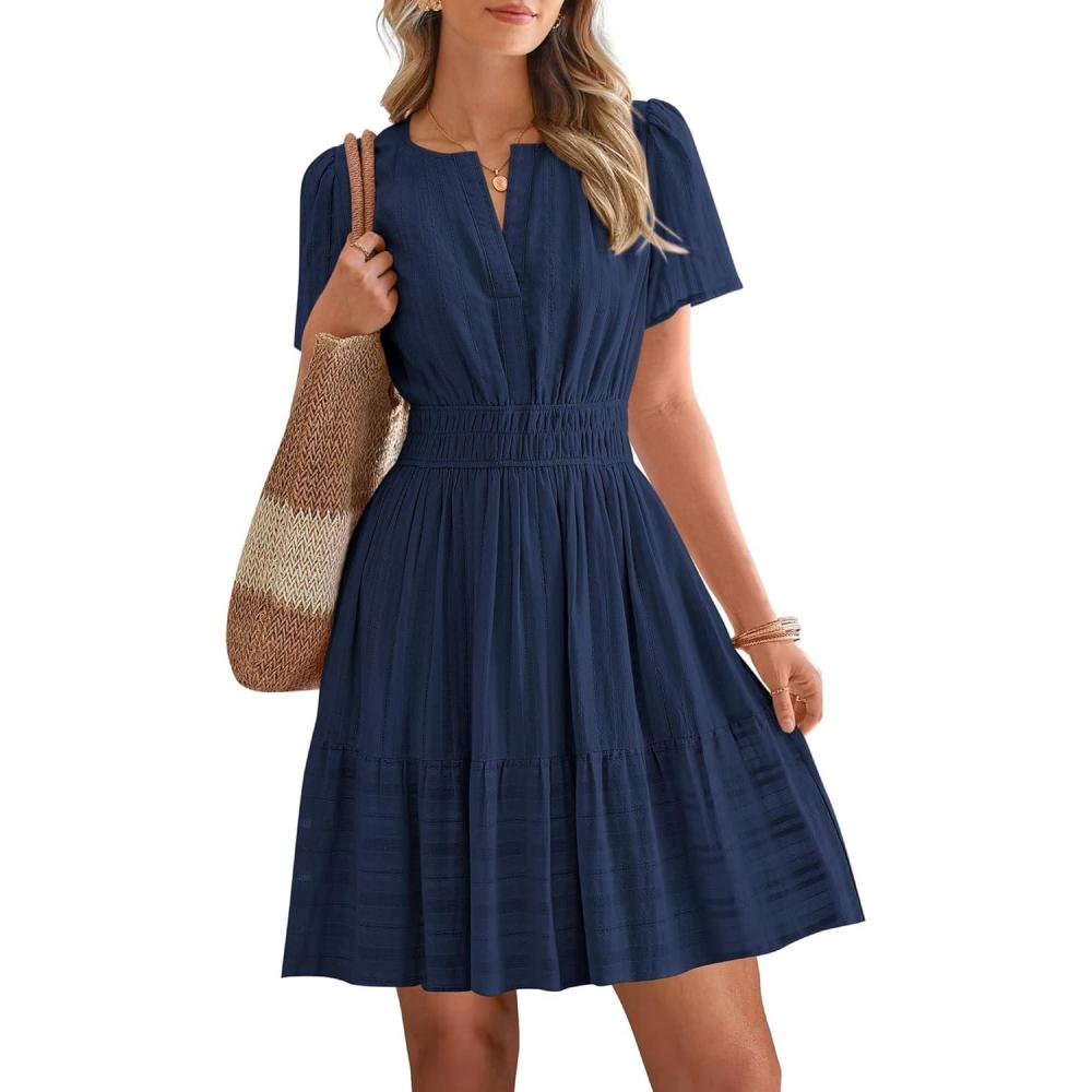 imageBTFBM Womens Spring 2026 Casual Mini Dresses Lightweight Short Sleeve V Neck Elastic Waist Cute Boho Beach Dress PocketsNavy Blue