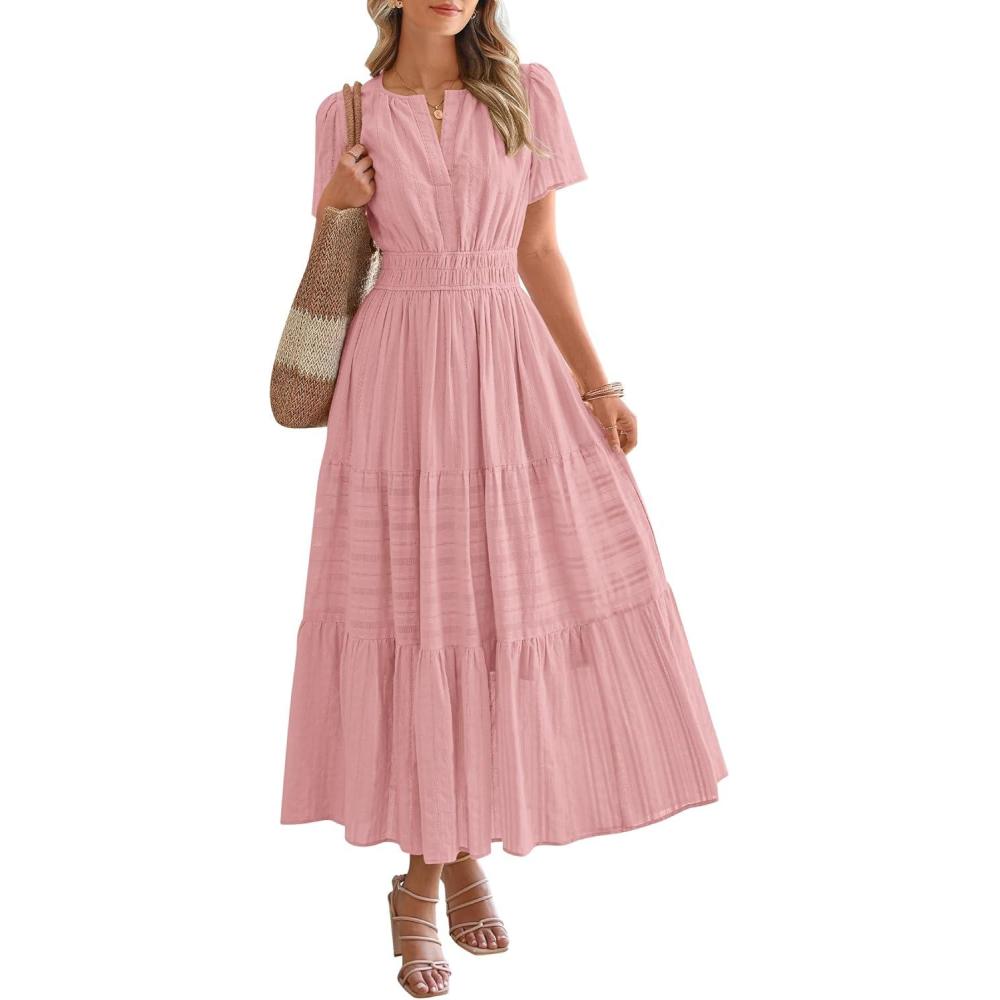 imageBTFBM Womens Summer 2025 Casual Midi Maxi Dresses Lightweight Short Sleeve V Neck Elastic Waist Boho Beach Dress PocketsBean Paste Pink