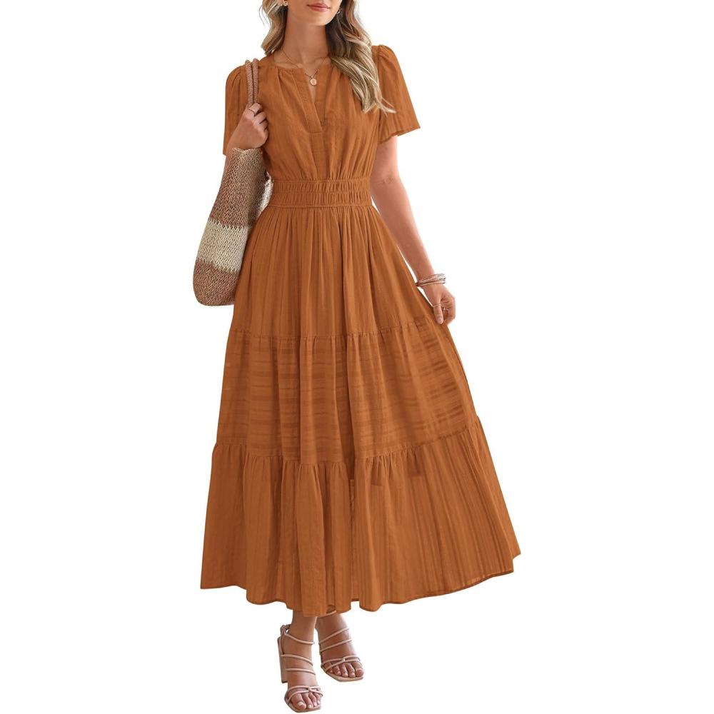 imageBTFBM Womens Summer 2025 Casual Midi Maxi Dresses Lightweight Short Sleeve V Neck Elastic Waist Boho Beach Dress PocketsBrown Orange