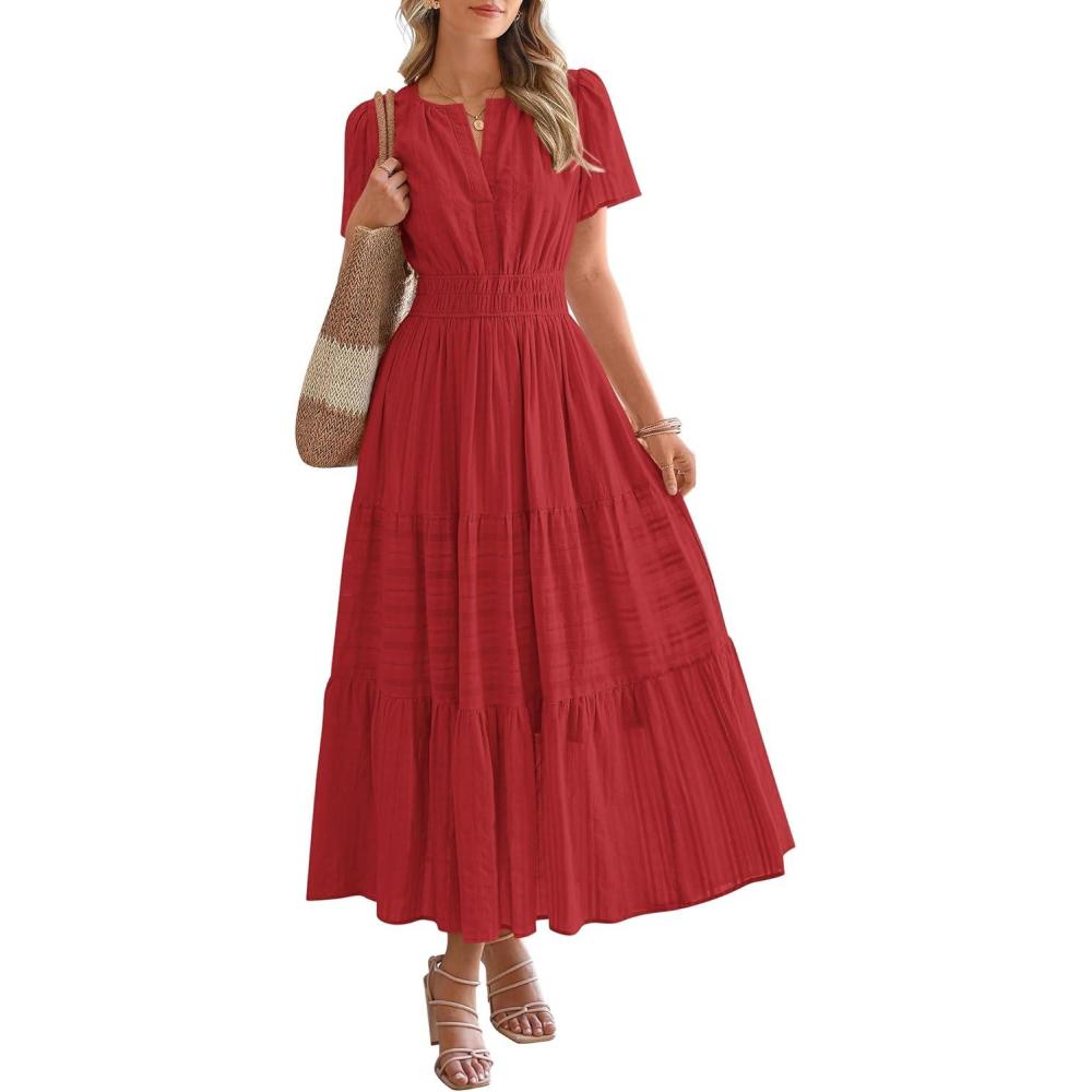 imageBTFBM Womens Summer 2025 Casual Midi Maxi Dresses Lightweight Short Sleeve V Neck Elastic Waist Boho Beach Dress PocketsRed