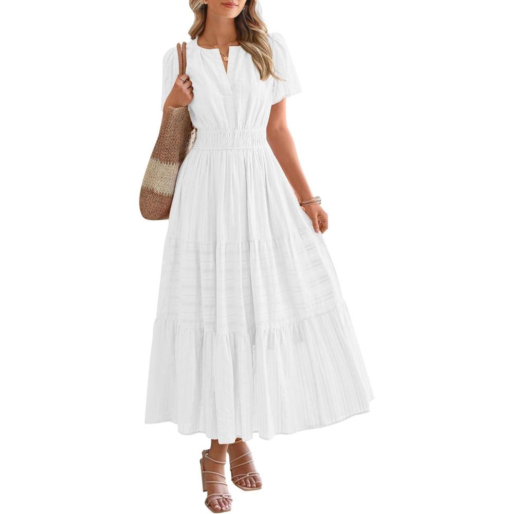 imageBTFBM Womens Summer 2025 Casual Midi Maxi Dresses Lightweight Short Sleeve V Neck Elastic Waist Boho Beach Dress PocketsWhite