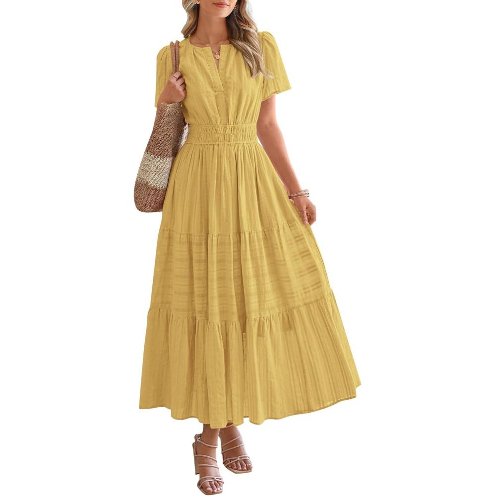 imageBTFBM Womens Summer 2025 Casual Midi Maxi Dresses Lightweight Short Sleeve V Neck Elastic Waist Boho Beach Dress PocketsYellow