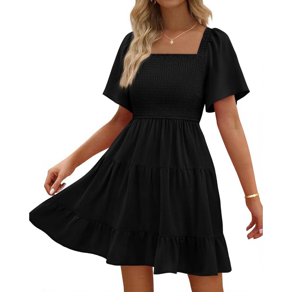 imageBTFBM Womens Summer Smocked Mini Dress Spring Square Neck Flutter Sleeve Casual Ruffle Swing Boho Beach Dresses PocketsBlack