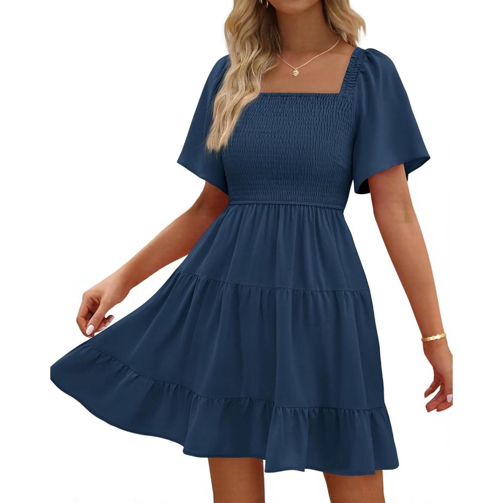 imageBTFBM Womens Summer Smocked Mini Dress Spring Square Neck Flutter Sleeve Casual Ruffle Swing Boho Beach Dresses PocketsDark Blue