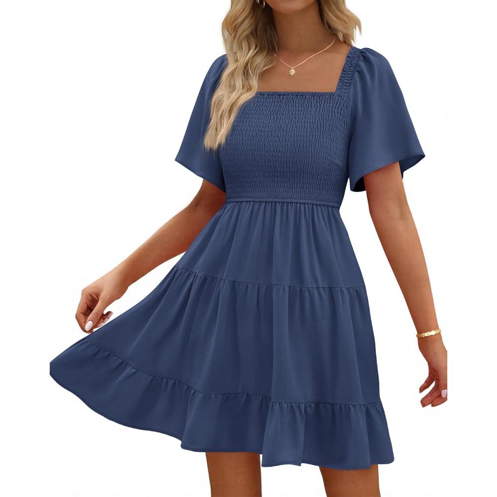 imageBTFBM Womens Summer Smocked Mini Dress Spring Square Neck Flutter Sleeve Casual Ruffle Swing Boho Beach Dresses PocketsGrey Blue