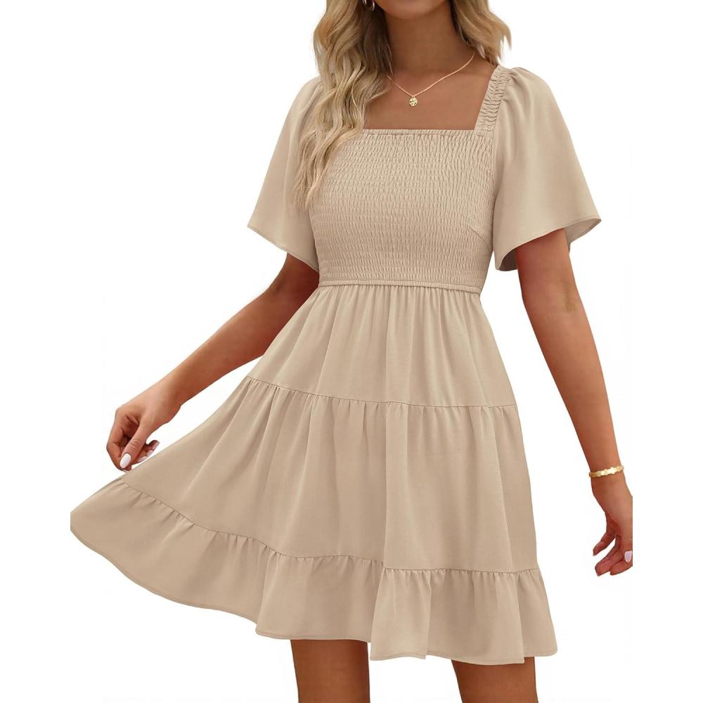 imageBTFBM Womens Summer Smocked Mini Dress Spring Square Neck Flutter Sleeve Casual Ruffle Swing Boho Beach Dresses PocketsKhaki