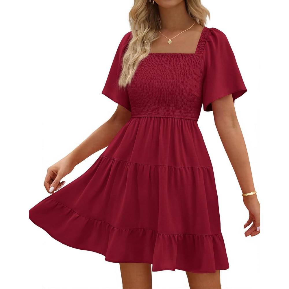 imageBTFBM Womens Summer Smocked Mini Dress Spring Square Neck Flutter Sleeve Casual Ruffle Swing Boho Beach Dresses PocketsWine Red