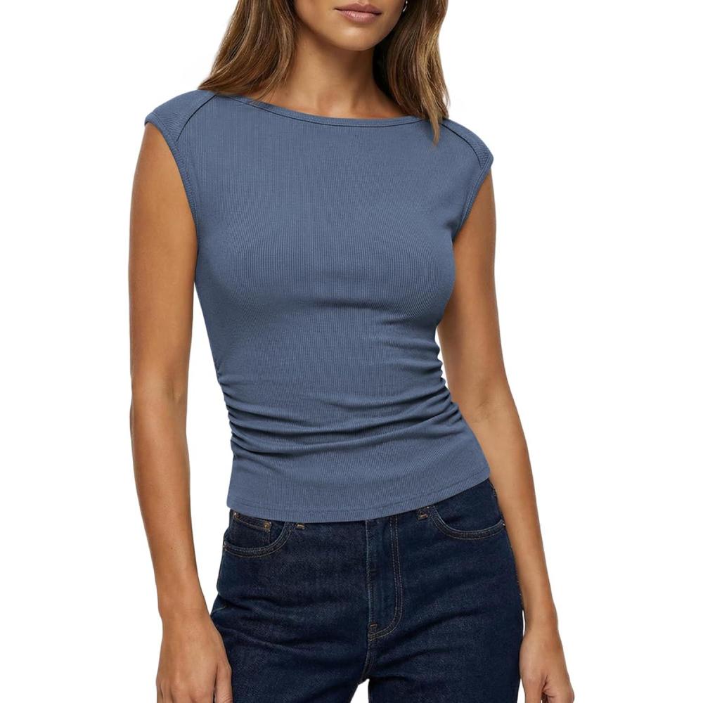 imageBTFBM Womens Summer Tops 2025 Boat Neck Cap Sleeve Tee Shirts Ruched Slim Fit Knit Going Out Tank Top Fashion ClothingGrey Blue