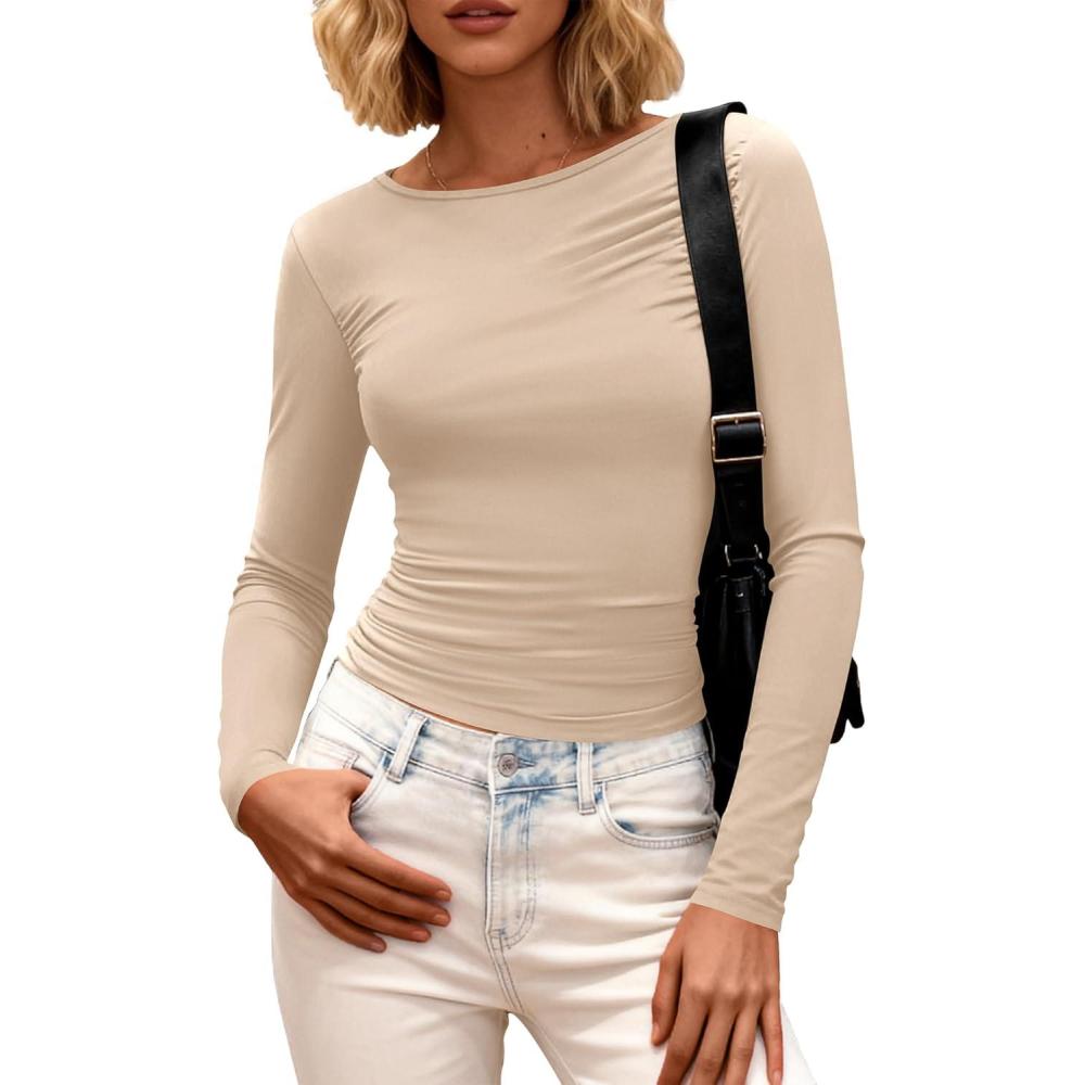 imageBTFBM Womens Tops 2025 Fall Clothes Long Sleeve T Shirts Boat Neck Ruched Slim Fit Casual Stretchy Going Out OutfitsBeige
