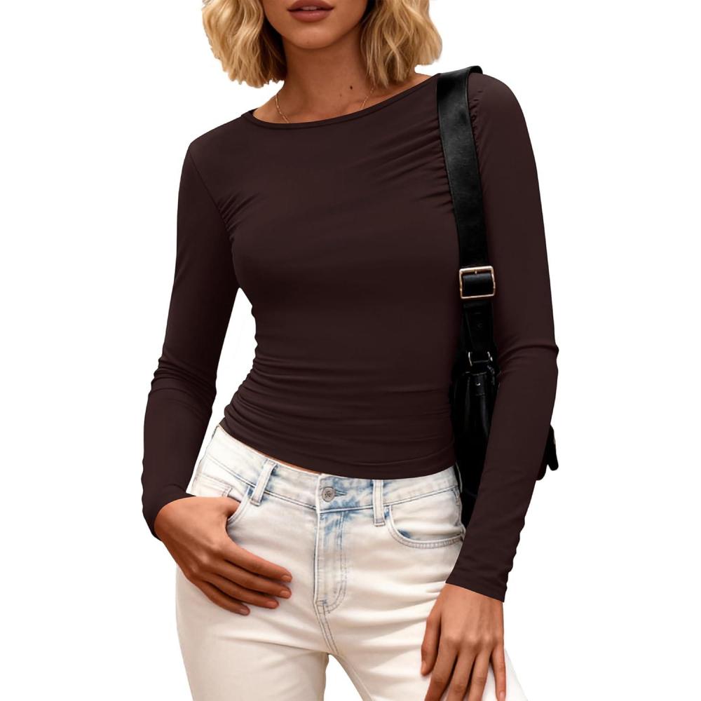 imageBTFBM Womens Tops 2025 Fall Clothes Long Sleeve T Shirts Boat Neck Ruched Slim Fit Casual Stretchy Going Out OutfitsBrown