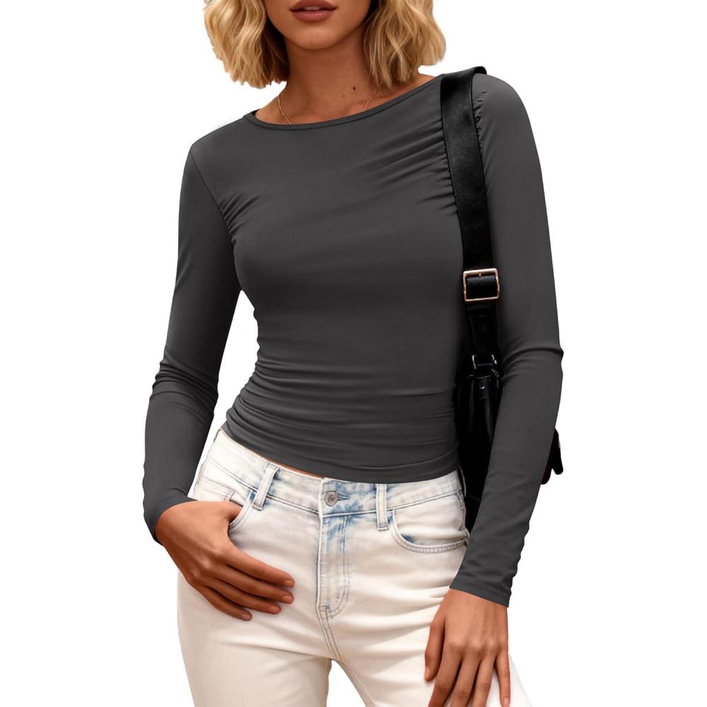 imageBTFBM Womens Tops 2025 Fall Clothes Long Sleeve T Shirts Boat Neck Ruched Slim Fit Casual Stretchy Going Out OutfitsDark Grey