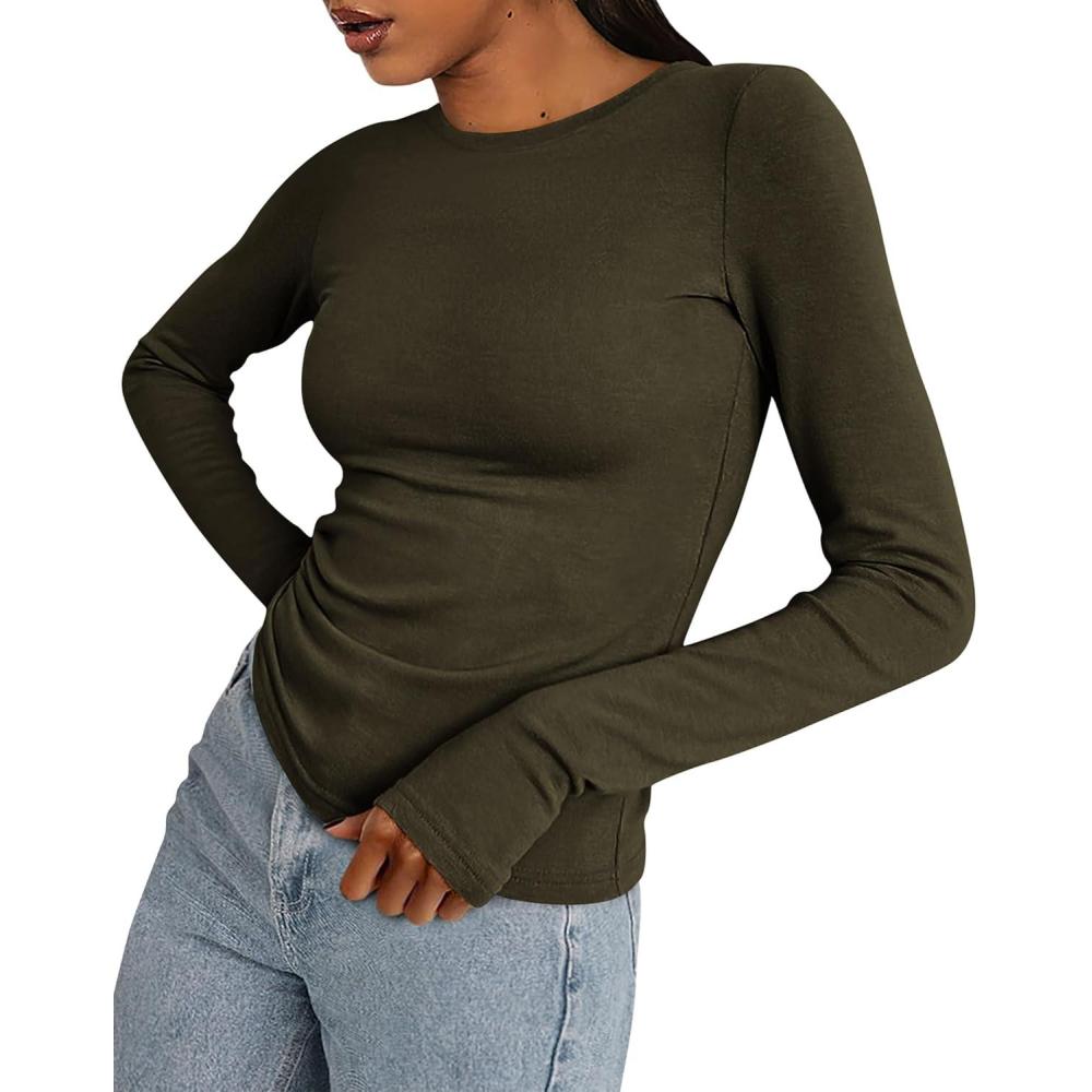 imageBTFBM Womens Tops 2026 Spring Outfits Long Sleeve Shirts Crewneck Work Blouses Stretchy Slim Fit Going Out Top WorkoutArmy Green