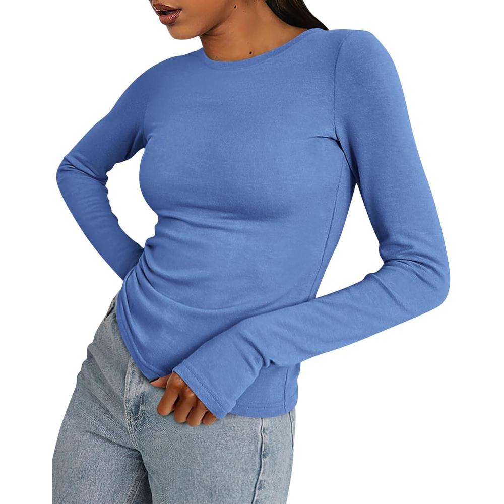 imageBTFBM Womens Tops 2026 Spring Outfits Long Sleeve Shirts Crewneck Work Blouses Stretchy Slim Fit Going Out Top WorkoutBlue