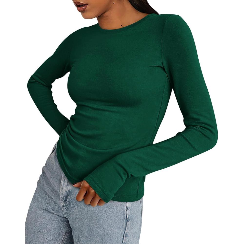 imageBTFBM Womens Tops 2026 Spring Outfits Long Sleeve Shirts Crewneck Work Blouses Stretchy Slim Fit Going Out Top WorkoutGreen