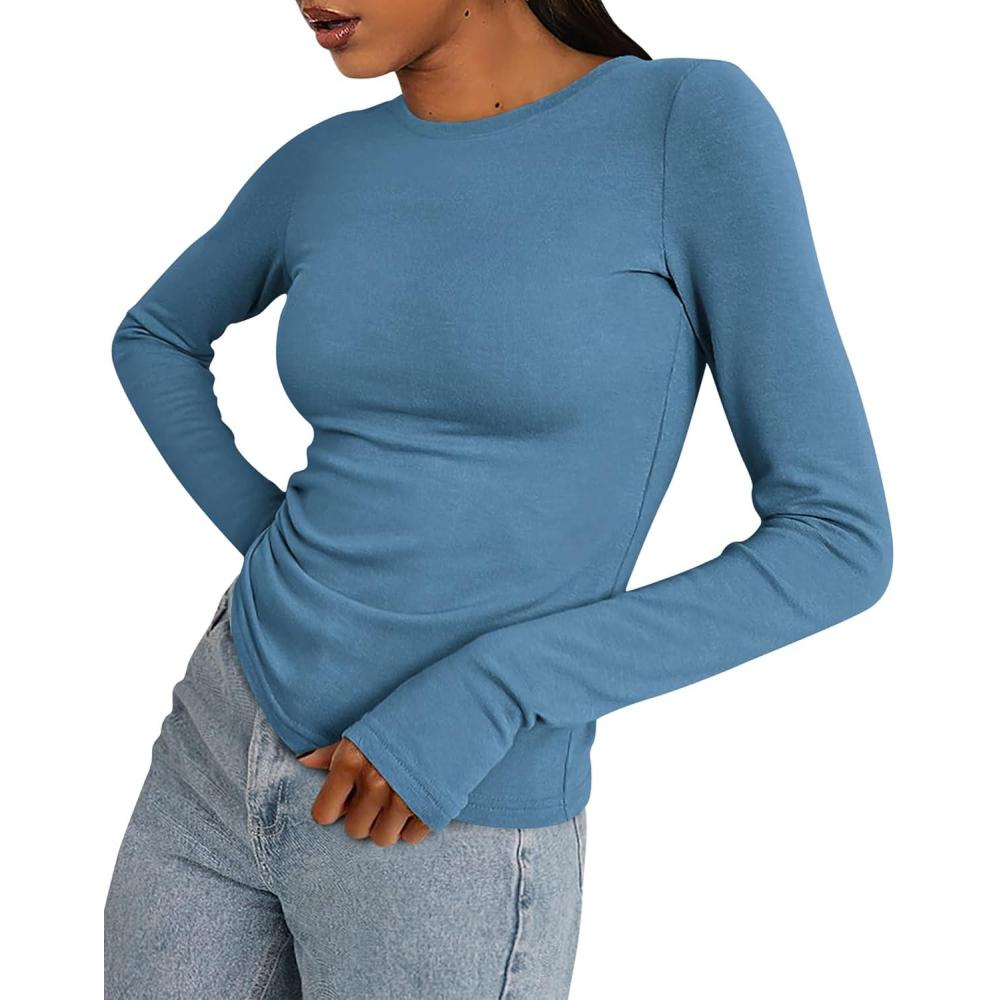 imageBTFBM Womens Tops 2026 Spring Outfits Long Sleeve Shirts Crewneck Work Blouses Stretchy Slim Fit Going Out Top WorkoutGrey Blue