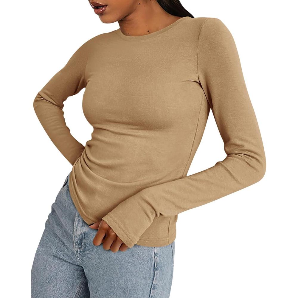 imageBTFBM Womens Tops 2026 Spring Outfits Long Sleeve Shirts Crewneck Work Blouses Stretchy Slim Fit Going Out Top WorkoutKhaki