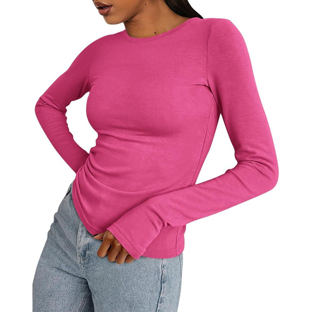imageBTFBM Womens Tops 2026 Spring Outfits Long Sleeve Shirts Crewneck Work Blouses Stretchy Slim Fit Going Out Top WorkoutRose Red