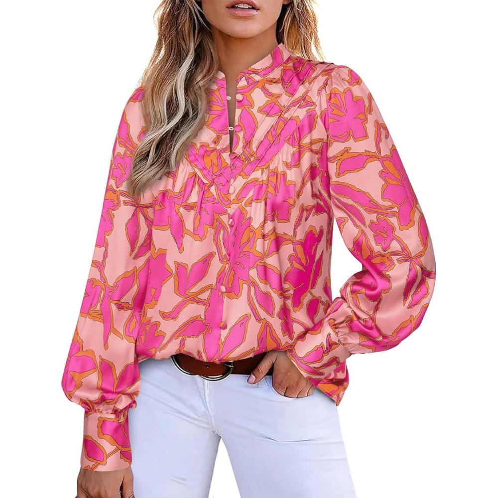 imageBTFBM Womens Tops Dressy Casual Spring 2026 Boho Floral V Neck Long Sleeve Half Button Down Shirt Work Business BlousesBig Floral Red