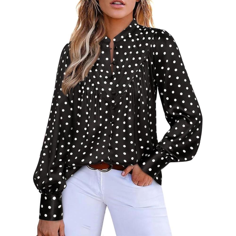imageBTFBM Womens Tops Dressy Casual Spring 2026 Boho Floral V Neck Long Sleeve Half Button Down Shirt Work Business BlousesDot Black White