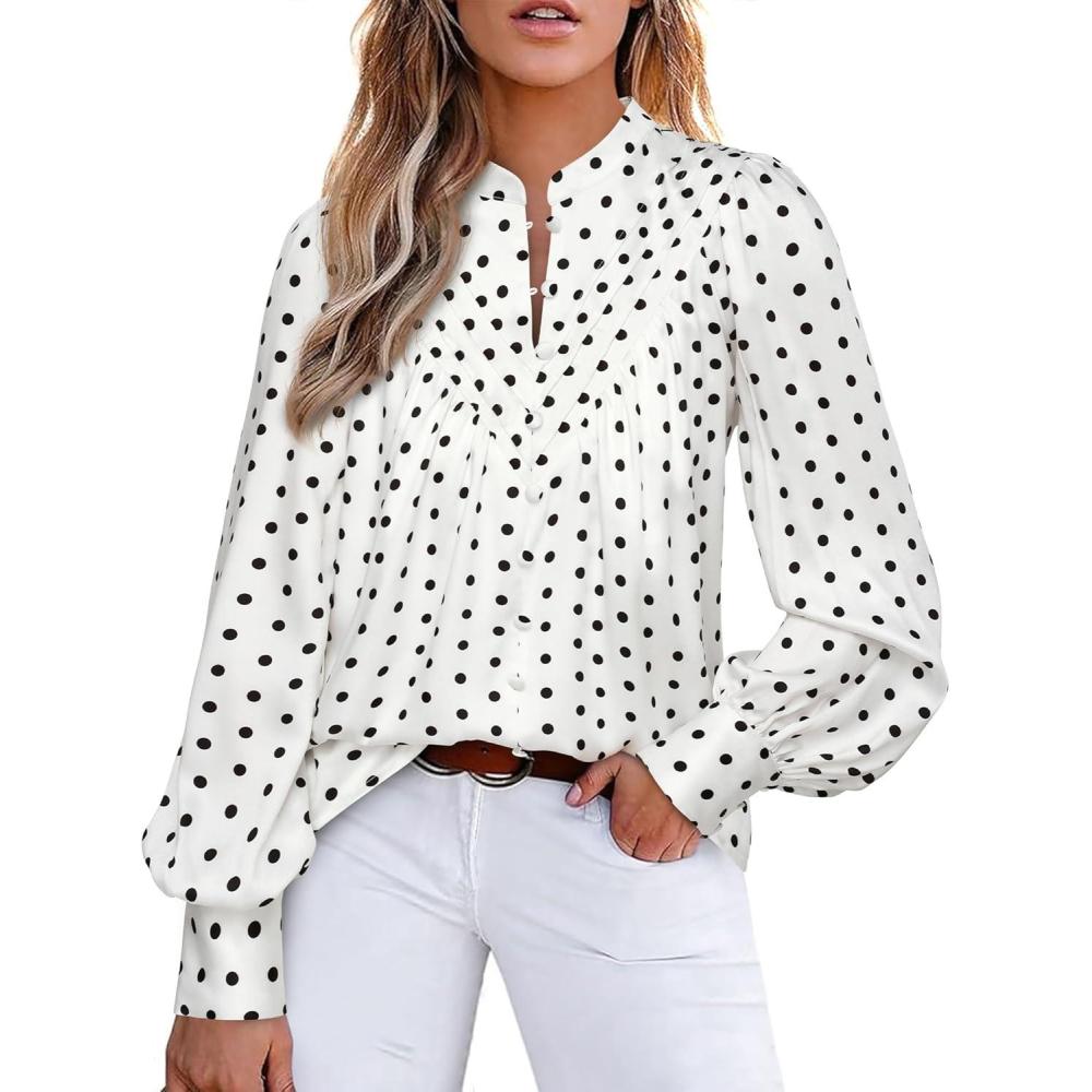 imageBTFBM Womens Tops Dressy Casual Spring 2026 Boho Floral V Neck Long Sleeve Half Button Down Shirt Work Business BlousesDot White Black