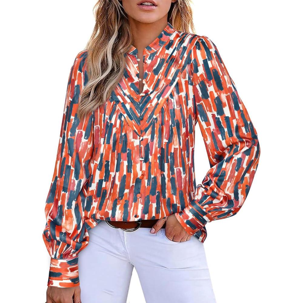 imageBTFBM Womens Tops Dressy Casual Spring 2026 Boho Floral V Neck Long Sleeve Half Button Down Shirt Work Business BlousesStriped Orange