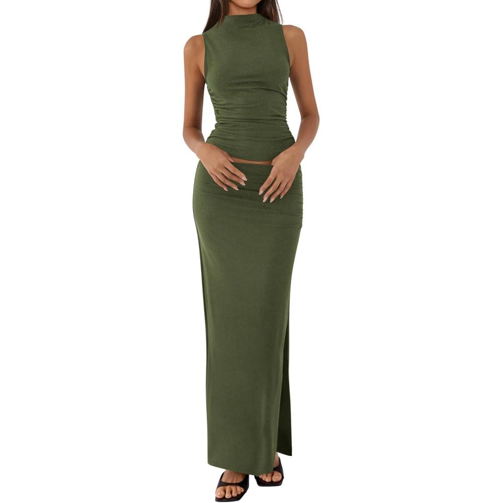 imageBTFBM Womens Two Piece Outfits Summer Lightweight 2026 Mock Neck Sleeveless Knit Tops Maxi Skirt Set Going Out DressArmy Green