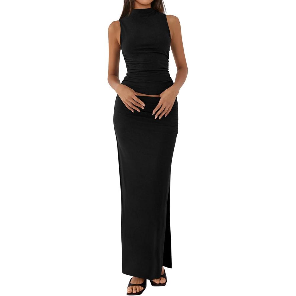 imageBTFBM Womens Two Piece Outfits Summer Lightweight 2026 Mock Neck Sleeveless Knit Tops Maxi Skirt Set Going Out DressBlack