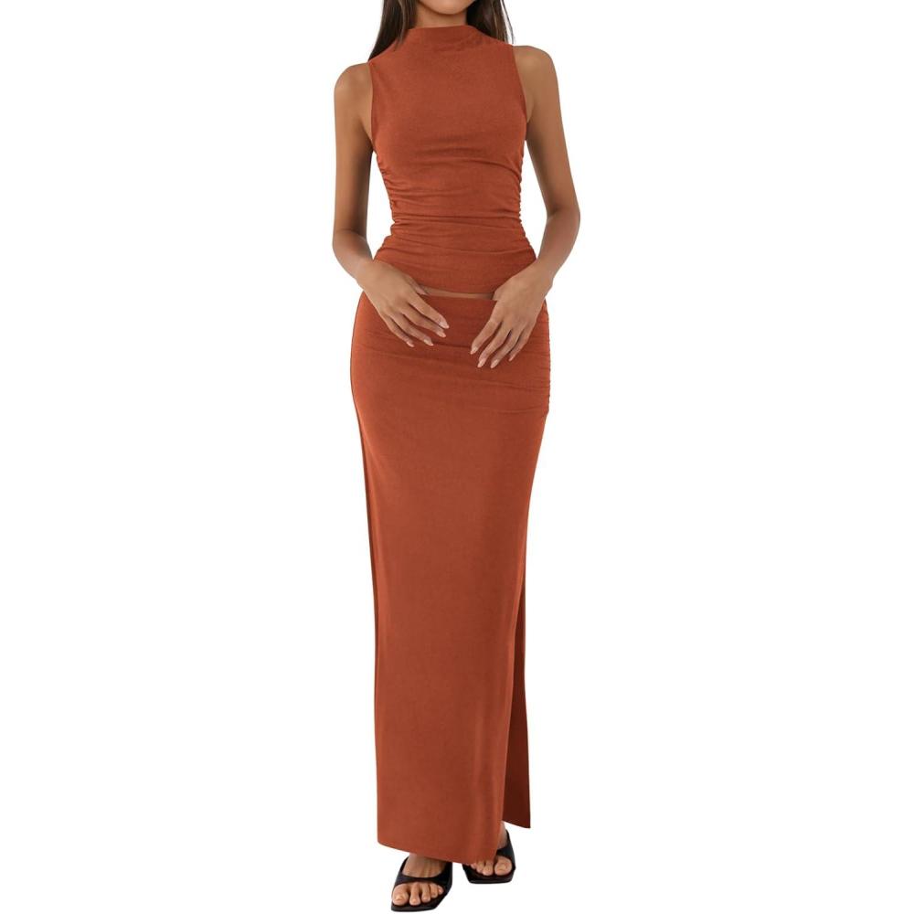 imageBTFBM Womens Two Piece Outfits Summer Lightweight 2026 Mock Neck Sleeveless Knit Tops Maxi Skirt Set Going Out DressBrick Red