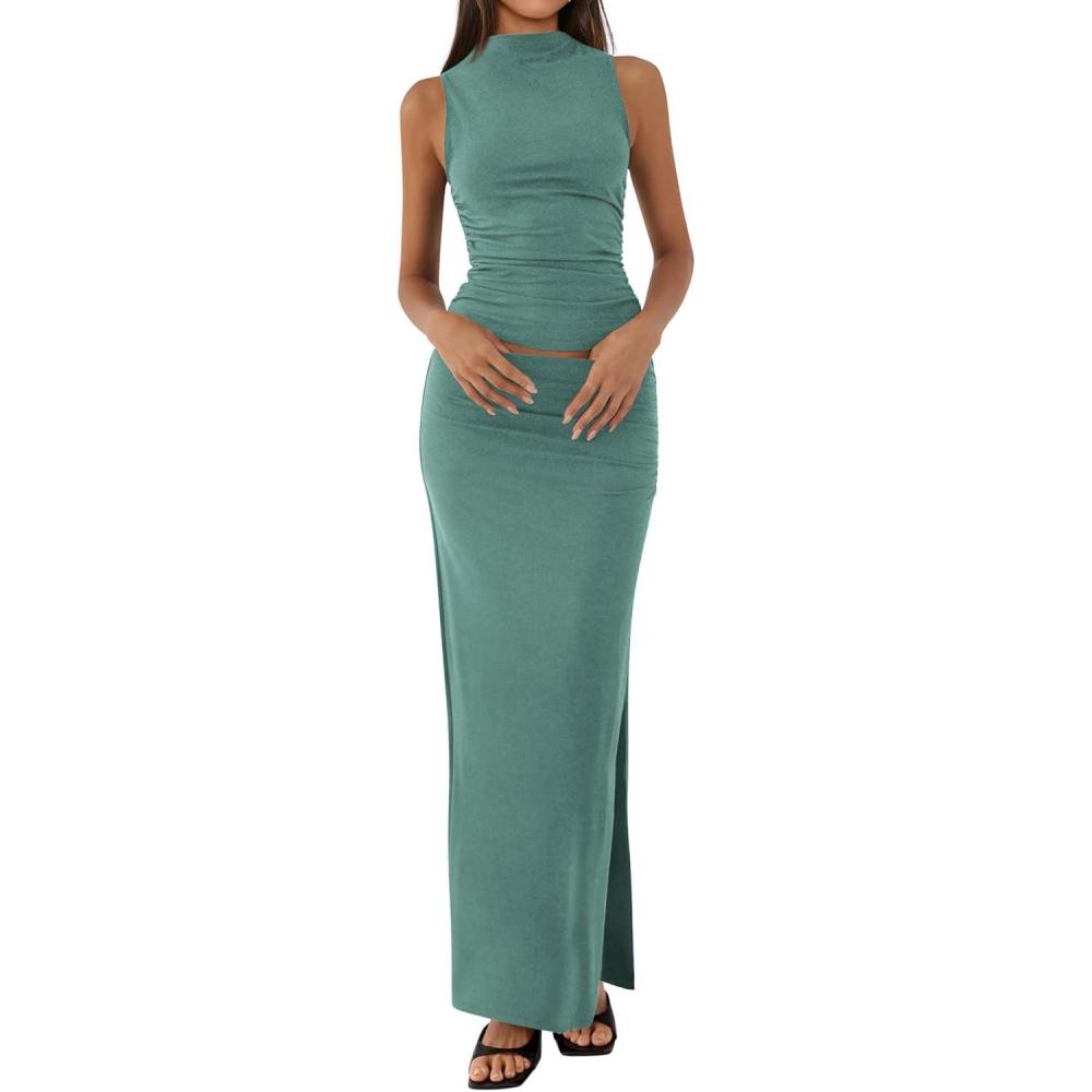imageBTFBM Womens Two Piece Outfits Summer Lightweight 2026 Mock Neck Sleeveless Knit Tops Maxi Skirt Set Going Out DressFruit Green