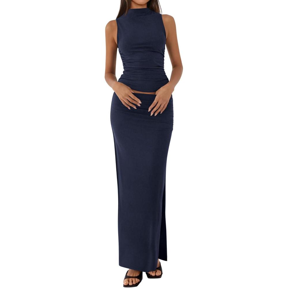 imageBTFBM Womens Two Piece Outfits Summer Lightweight 2026 Mock Neck Sleeveless Knit Tops Maxi Skirt Set Going Out DressNavy
