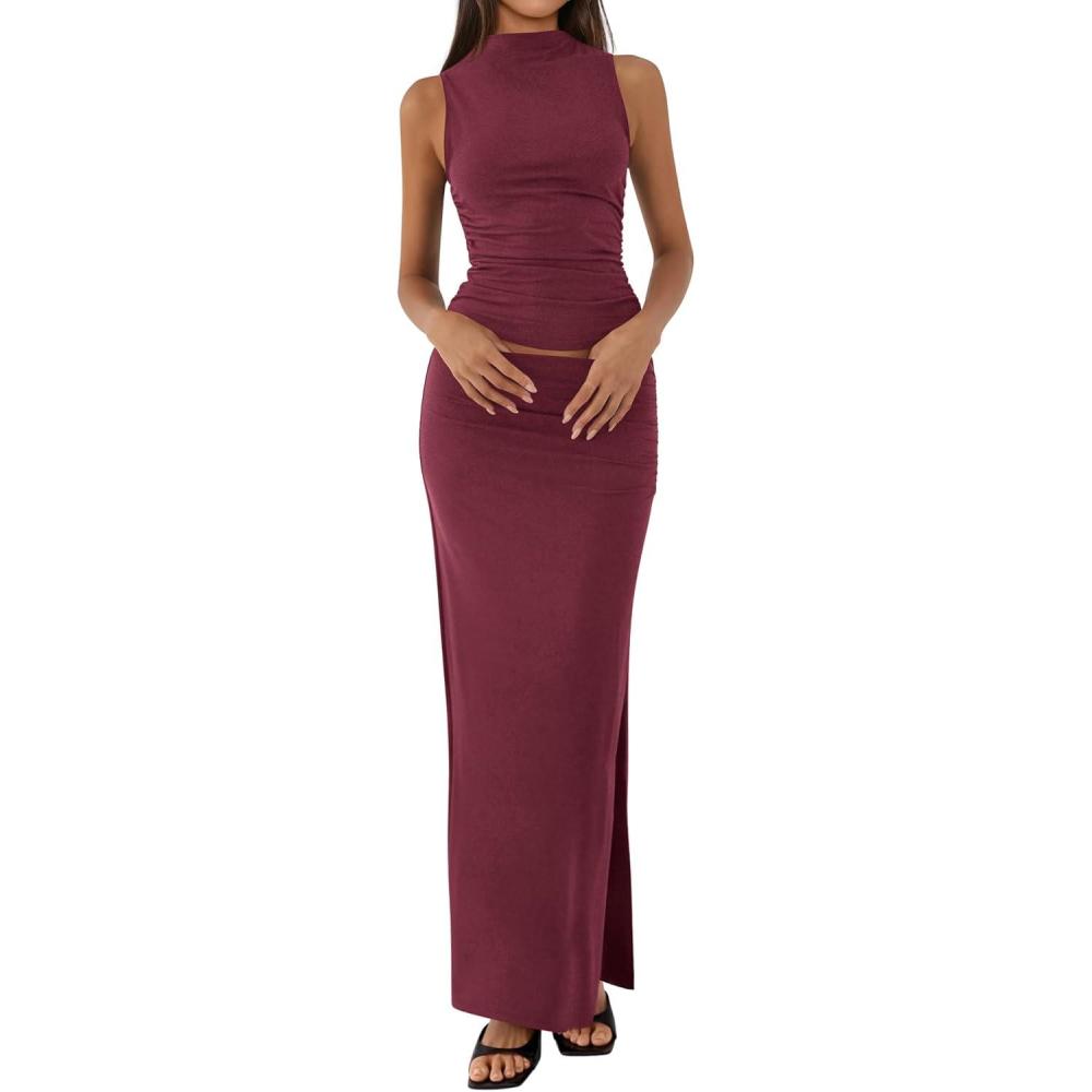 imageBTFBM Womens Two Piece Outfits Summer Lightweight 2026 Mock Neck Sleeveless Knit Tops Maxi Skirt Set Going Out DressWine Red