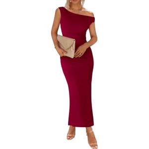 BTFBM 2026 Summer Wedding Guest Dresses for Women One Shoulder Bodycon Ruched Mesh Formal Cocktail Spring Fall Maxi Dress(Wine Red)