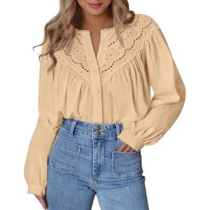 BTFBM Blouses for Women Dressy Casual Fall Clothes 2025 Lace Long Sleeve Tops Lightweight Spring Button Down Shirts(Apricot)