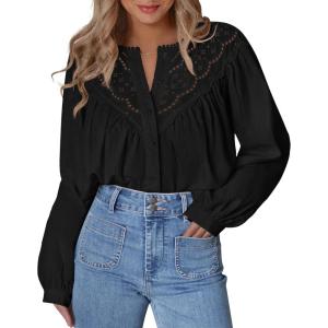 BTFBM Blouses for Women Dressy Casual Fall Clothes 2025 Lace Long Sleeve Tops Lightweight Spring Button Down Shirts(Black)
