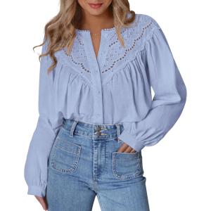BTFBM Blouses for Women Dressy Casual Fall Clothes 2025 Lace Long Sleeve Tops Lightweight Spring Button Down Shirts(Light Blue)