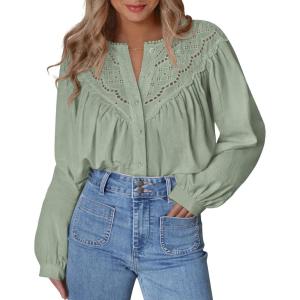 BTFBM Blouses for Women Dressy Casual Fall Clothes 2025 Lace Long Sleeve Tops Lightweight Spring Button Down Shirts(Light Green)