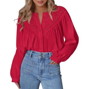 BTFBM Blouses for Women Dressy Casual Fall Clothes 2025 Lace Long Sleeve Tops Lightweight Spring Button Down Shirts(Red)