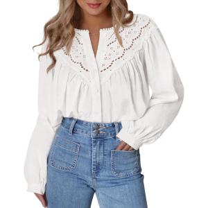 BTFBM Blouses for Women Dressy Casual Fall Clothes 2025 Lace Long Sleeve Tops Lightweight Spring Button Down Shirts(White)