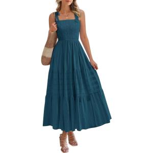 BTFBM Boho Maxi Dress Sleeveless Summer Dresses for Women 2026 Beach Vacation Smocked A Line Casual Sundress Pockets(Lake Blue)