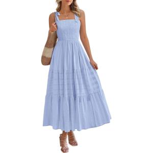 BTFBM Boho Maxi Dress Sleeveless Summer Dresses for Women 2026 Beach Vacation Smocked A Line Casual Sundress Pockets(Light Blue)