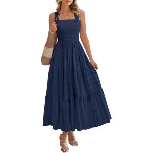 BTFBM Boho Maxi Dress Sleeveless Summer Dresses for Women 2026 Beach Vacation Smocked A Line Casual Sundress Pockets(Navy Blue)