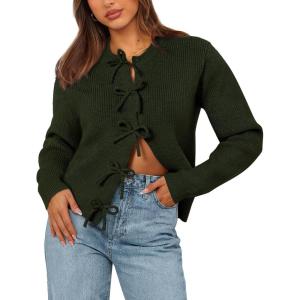 BTFBM Bow Cardigan Sweaters for Women Trendy 2025 Fall Winter Open Front Long Sleeve Button Down Cropped Lady Jacket(Army Green)